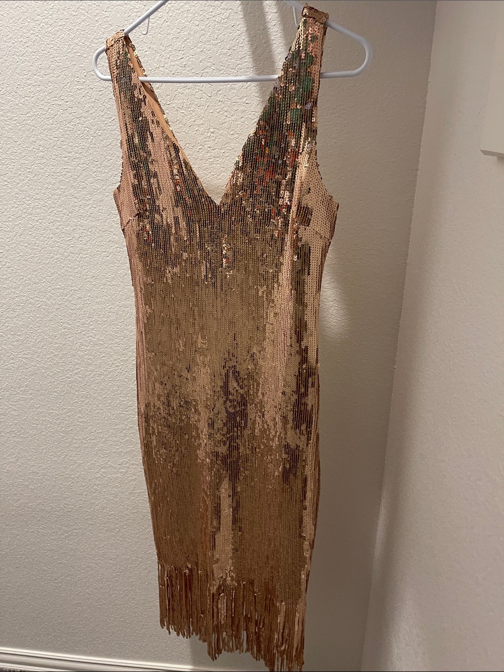 Gold Sequin V-Neck Fringe Midi Dress